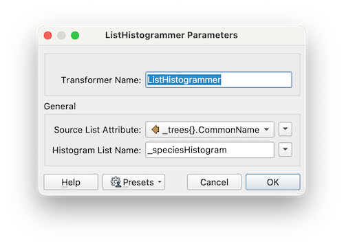 ListHistogrammer parameters