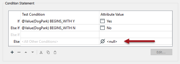 Setting a null value in the Condition Statement dialog.