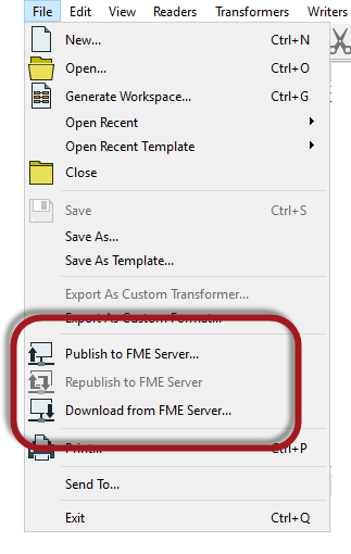 Publish to FME Server menu option in FME Workbench