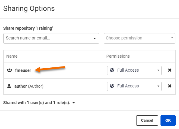 Viewing a user role added to sharing
