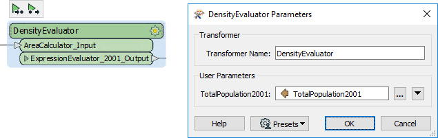 The DensityEvaluator Parameters dialog, including a new attribute