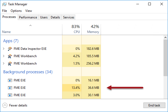 Examining multiple FME.EXE processes in the Windows Task Manager