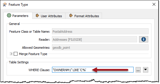 The WHERE clause in a reader feature type