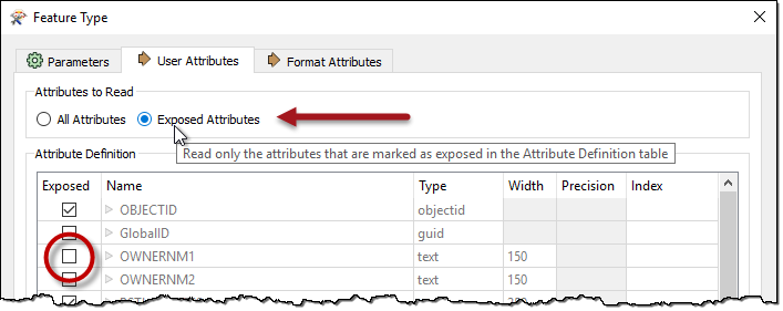 Manually unexposing reader feature type attributes