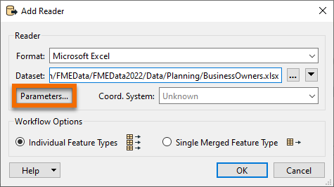 Parameters button