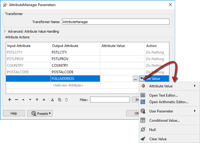 Clicking on the arrow in the Attribute Value field