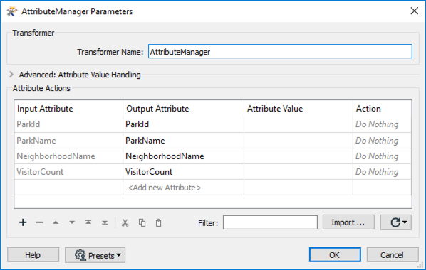 Attribute Manager parameters dialog