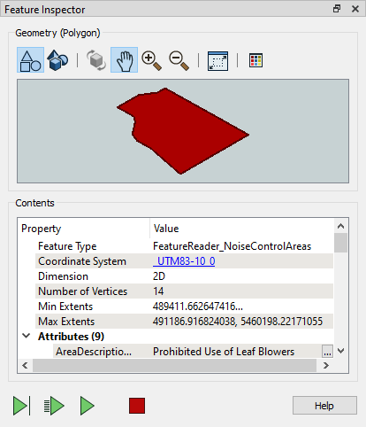 Viewing a noise control area feature in Feature Inspector