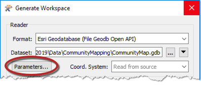The reader Parameters button on the Generate Workspace dialog