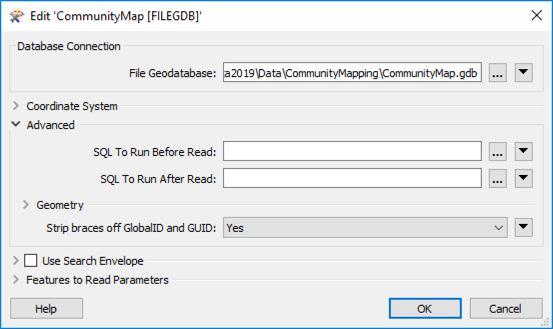 Esri file geodatabase reader parameters