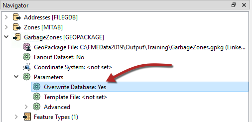 Enabling the Overwrite Database parameter for the Geopackage writer