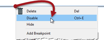 Using the right-click menu and to disable an object