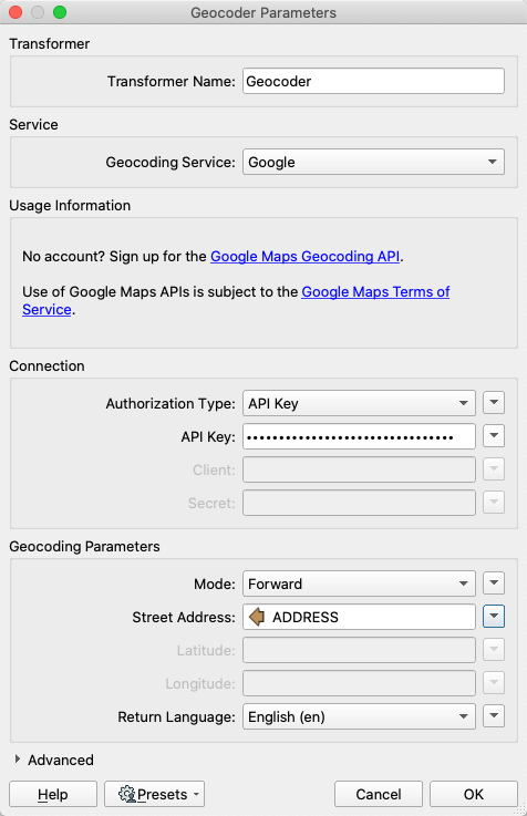 Geocoder parameters