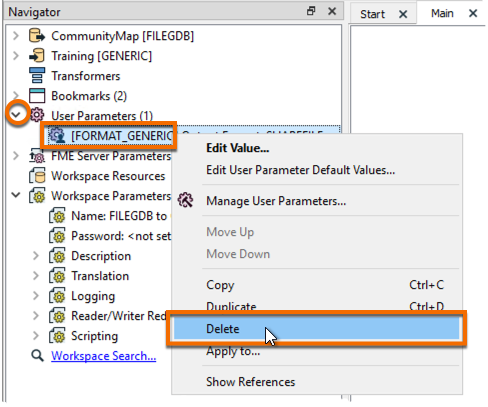 Deleting a user parameter