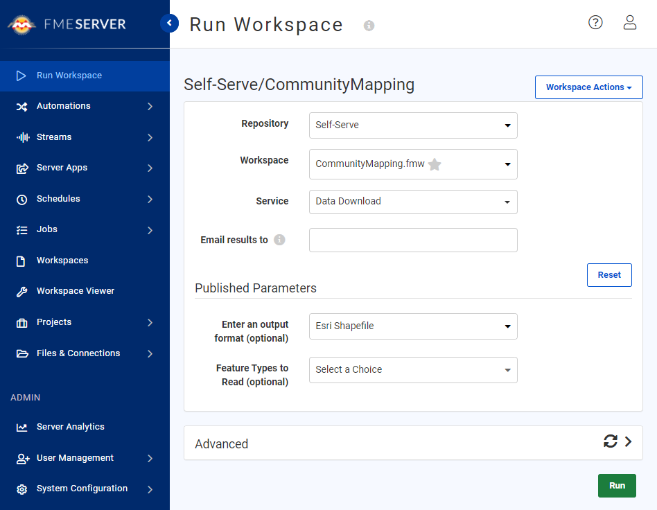 Run Workspace page