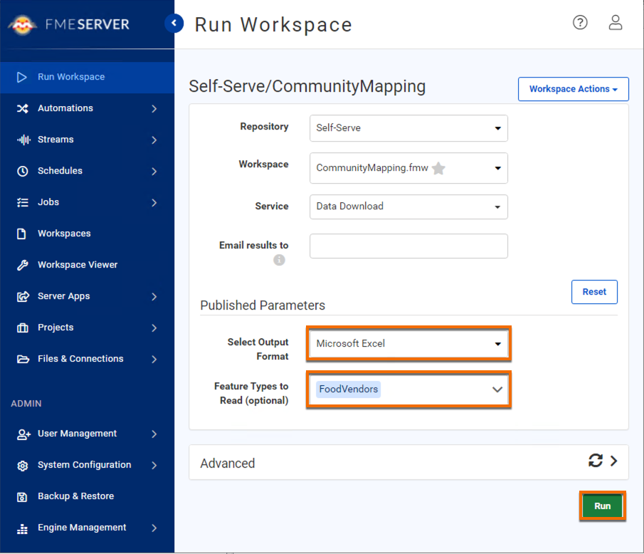 Configuring parameters on Run Workspace page