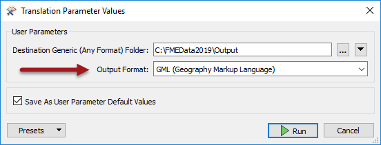 Setting Output Format in the Translation Parameter Values dialog