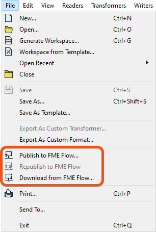 Publish to FME Flow menu option in FME Workbench