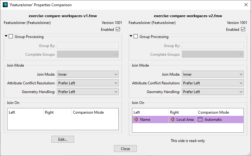 'FeatureJoiner' Properties Comparison dialog