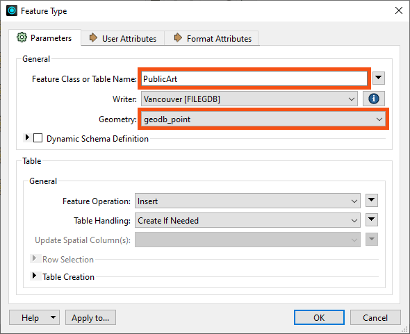 Changing parameters for writer feature type
