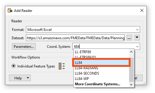 Selecting coordinate system