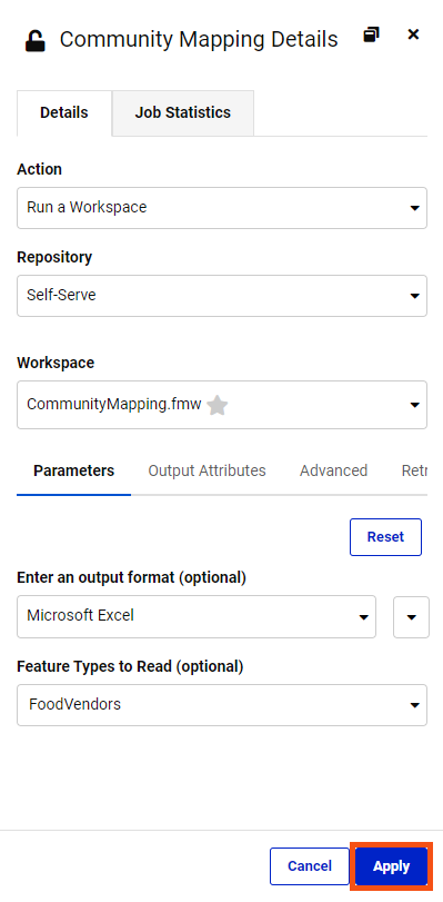 Configuring the Run a Workspace action