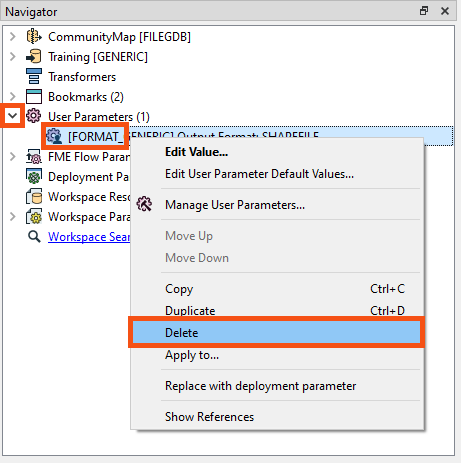 Deleting a user parameter
