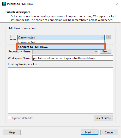 Connect to FME Flow drop-down option
