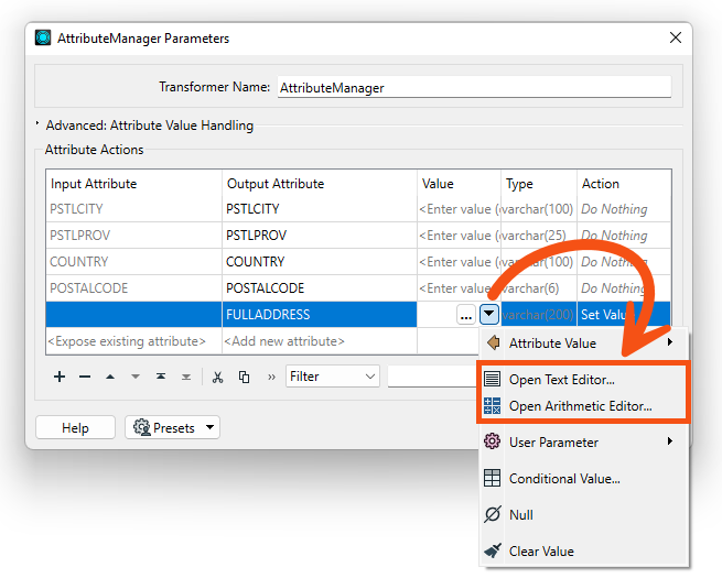 Clicking on the arrow in the Attribute Value field