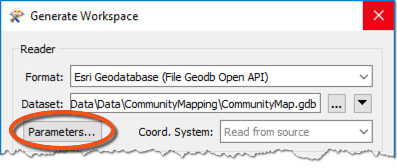 The reader Parameters button on the Generate Workspace dialog