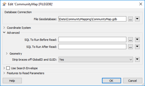 Esri file geodatabase reader parameters