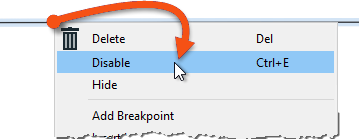Using the right-click menu and to disable an object