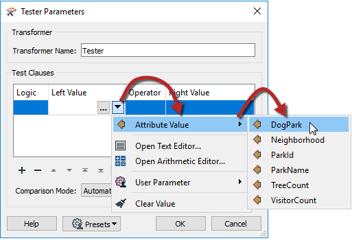 Selecting DogPark as the Left Value