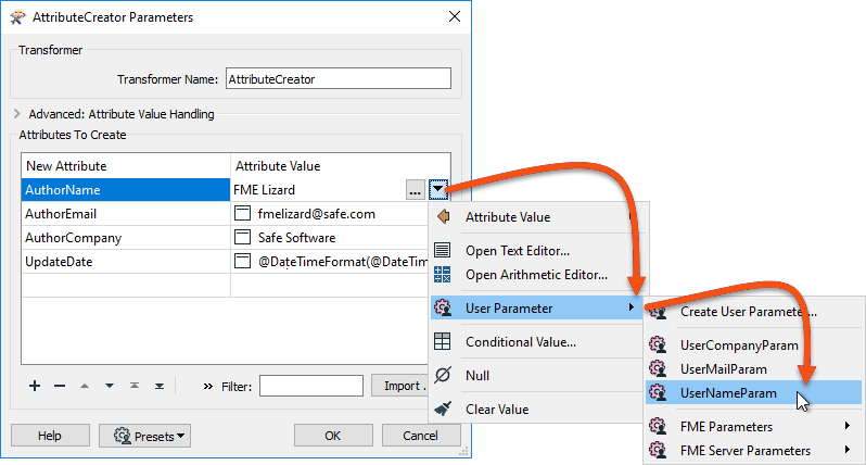 Setting an attribute value to a user parameter