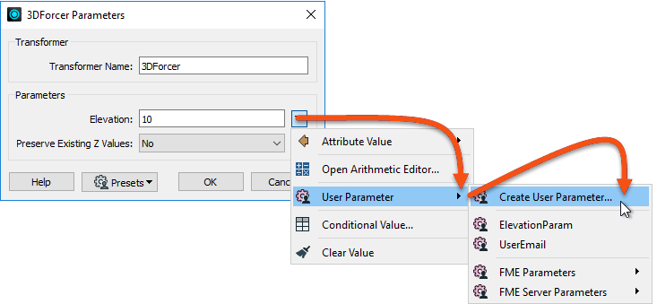 Creating a user parameter from a transformer parameter