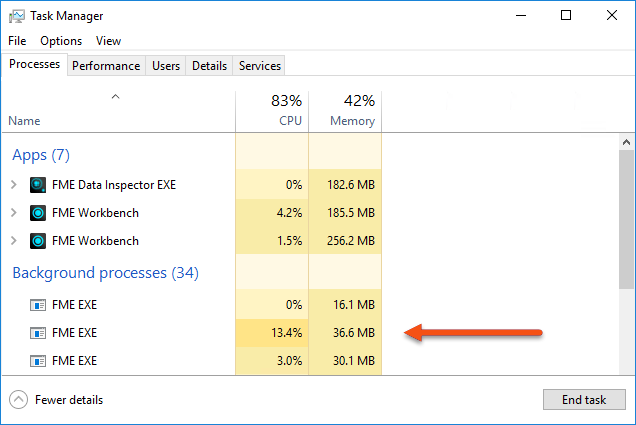 Examining multiple FME.EXE processes in the Windows Task Manager