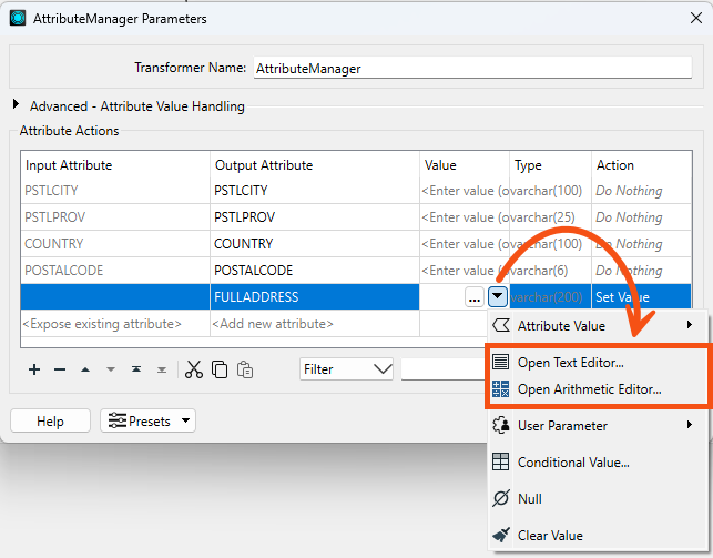 Clicking on the arrow in the Attribute Value field