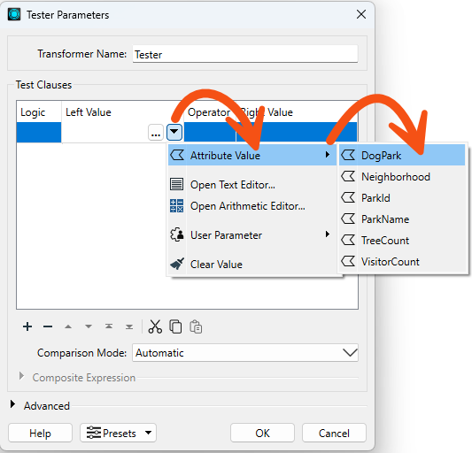 Selecting DogPark as the Left Value