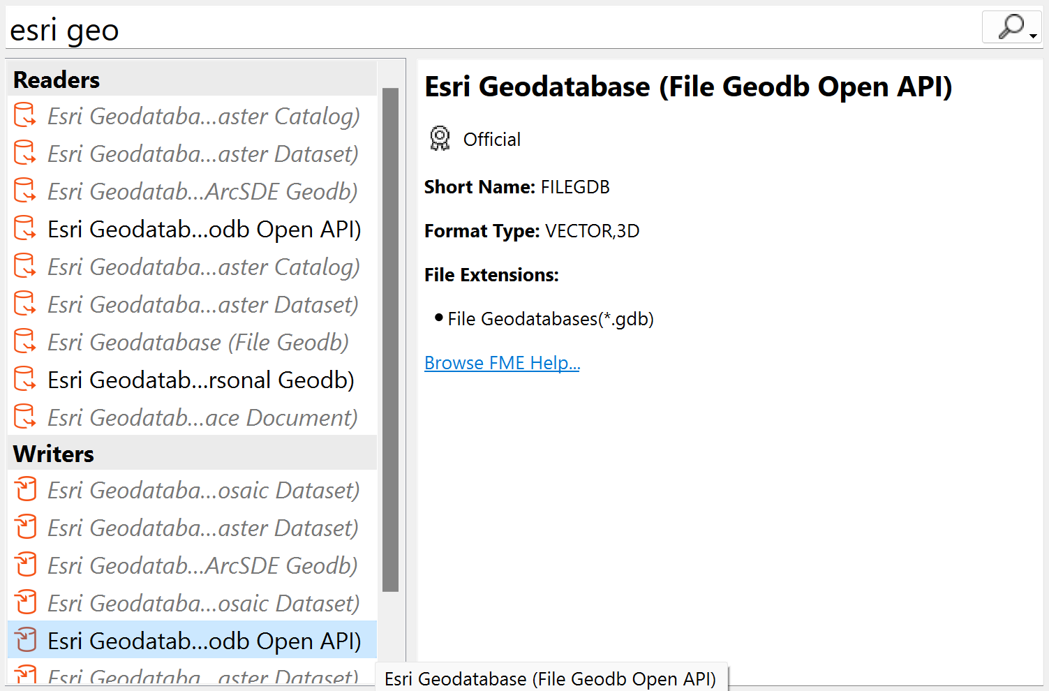 Adding an Esri Geodatabase Open API writer using Quick Add