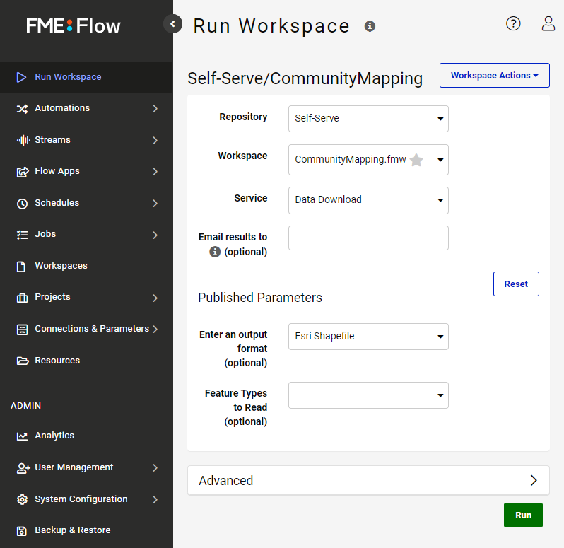 Run workspace page