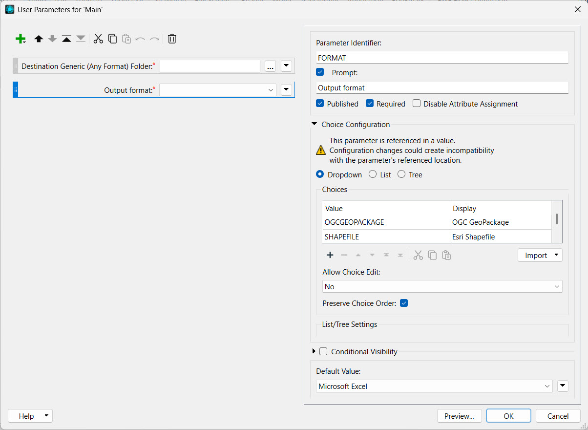 Adding the FORMAT published parameter