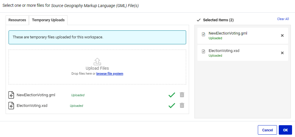 Select and upload NewElectionVoting.gml and ElectionVoting.xsd