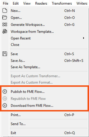 Publish to FME Flow menu option in FME Workbench