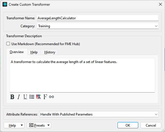 Filling out the Create Custom Transformer dialog