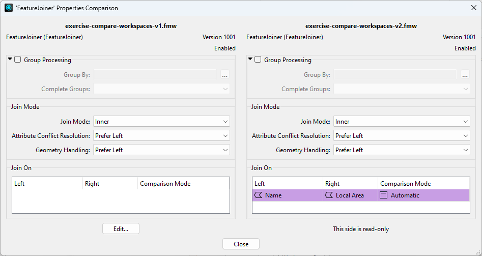 'FeatureJoiner' Properties Comparison dialog