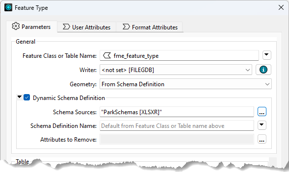 Dynamic Schema Definition - Schema Sources parameter on a writer feature type