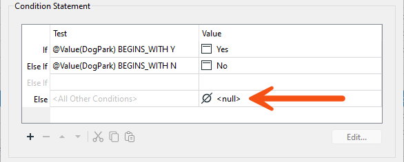 Setting a null value in the Condition Statement dialog.