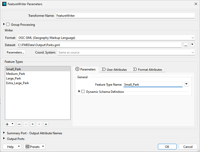 FeatureWriter parameters with multiple output feature types