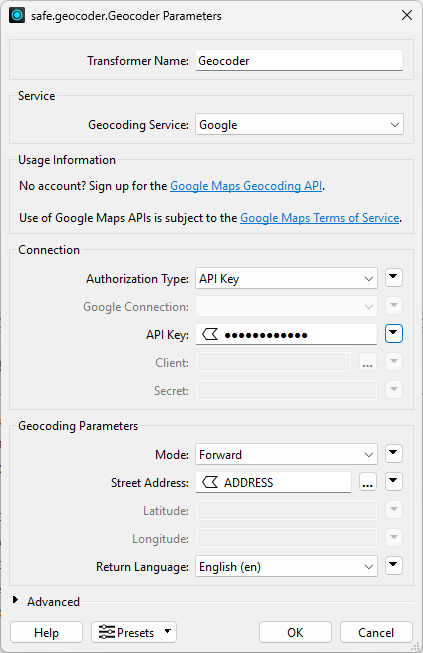 Geocoder parameters