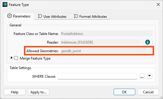 Reader feature type geometry parameter